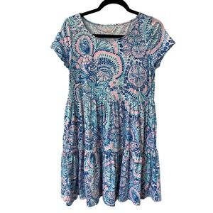 Lilly Pulitzer Geanna Tiered Cotton Shift Dress Blue Pink Shell Print Sz S